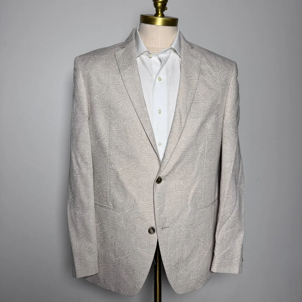 Van Heusen Studio‎ Blazer Mens 44R Beige Paisley Linen Blend Sport Coat 2-Button